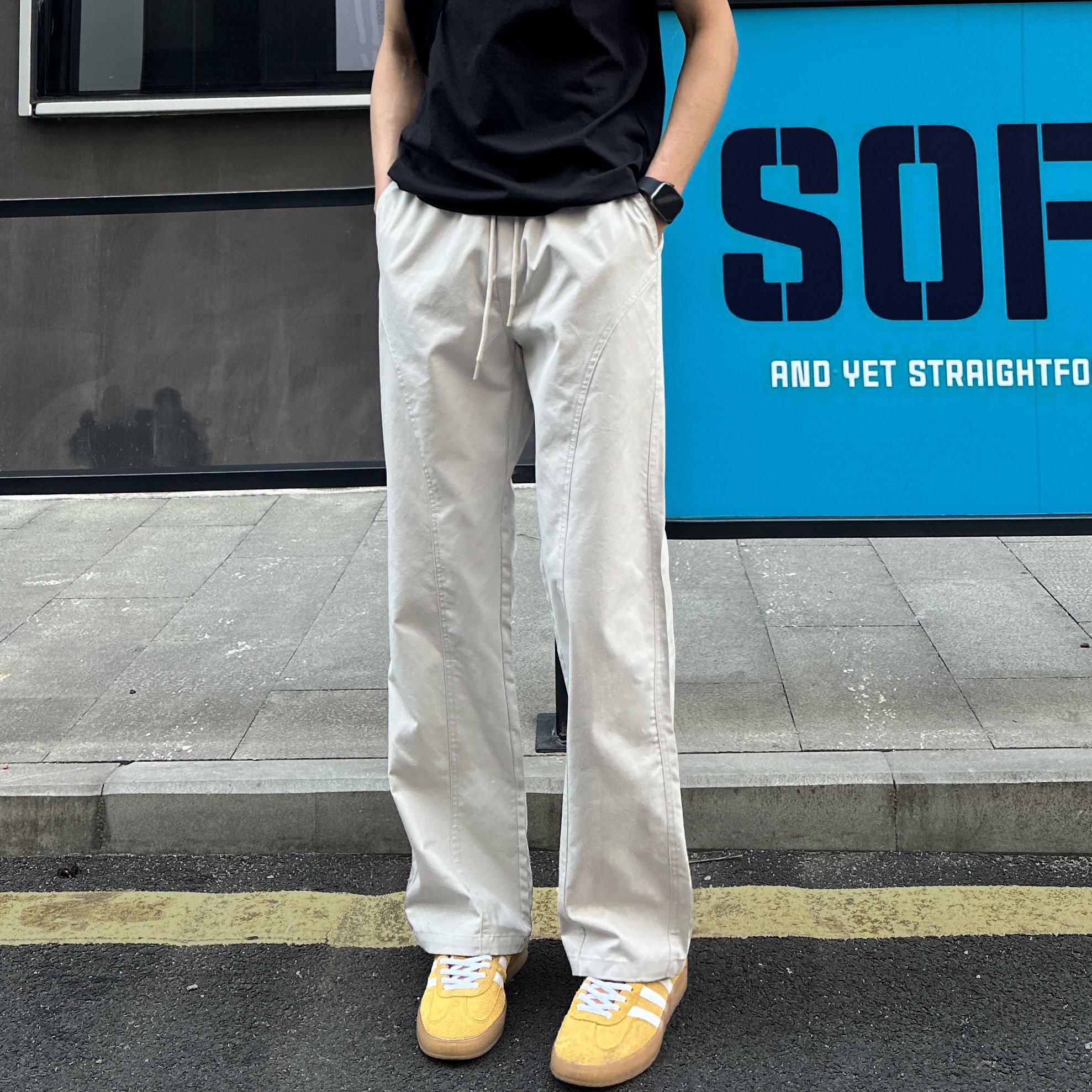 百搭斜切薄款顯高顯瘦涼感直筒休閒褲裝