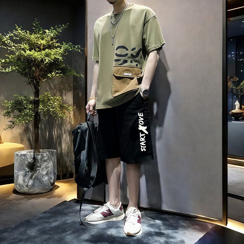 【單件/套裝】美式設計感寬松拼接口袋短袖t恤+潮流休閑褲兩件套