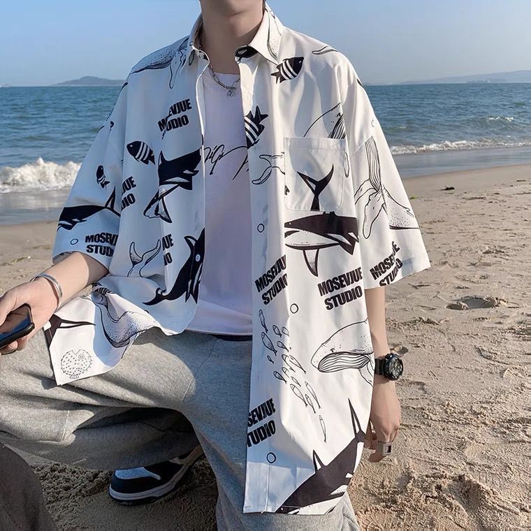 【單件/套裝】鯨魚印花情侶寬松短袖襯衫+T恤+潮流百搭休閑褲三件套