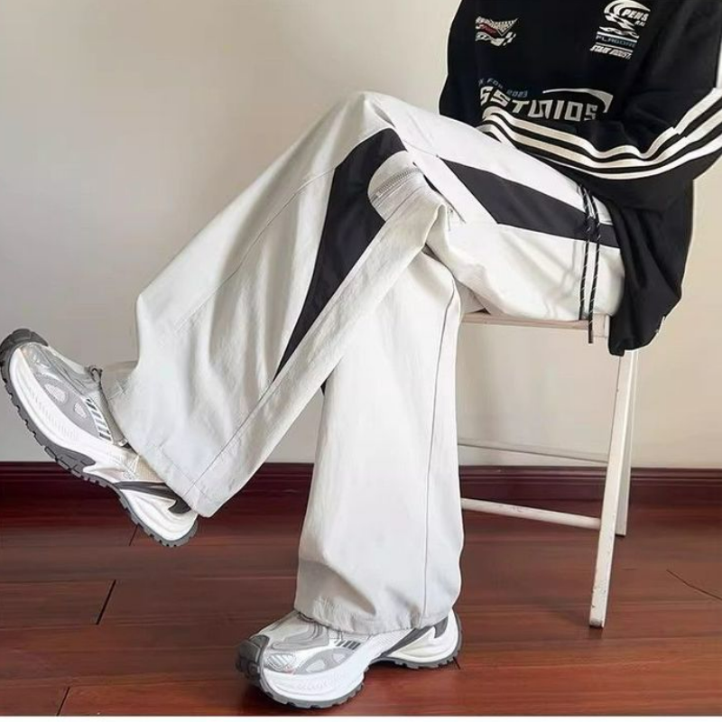 美式高街拼接撞色工裝寬鬆直筒百搭潮流運動褲