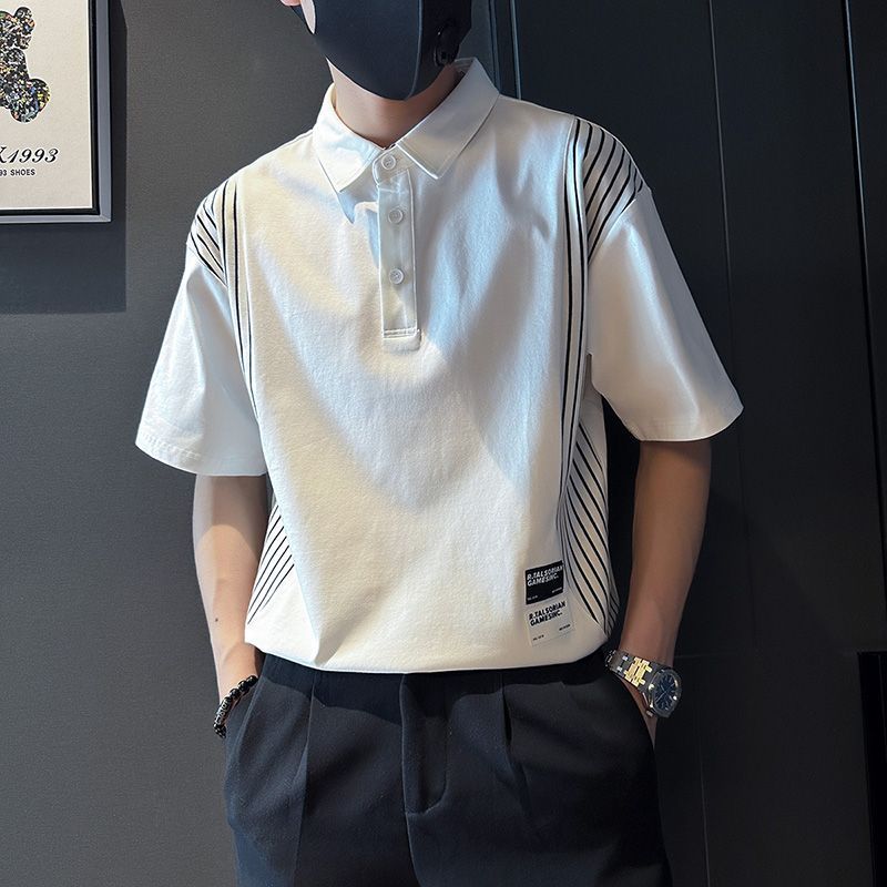 潮流設計感拼接條紋翻領polo衫短袖