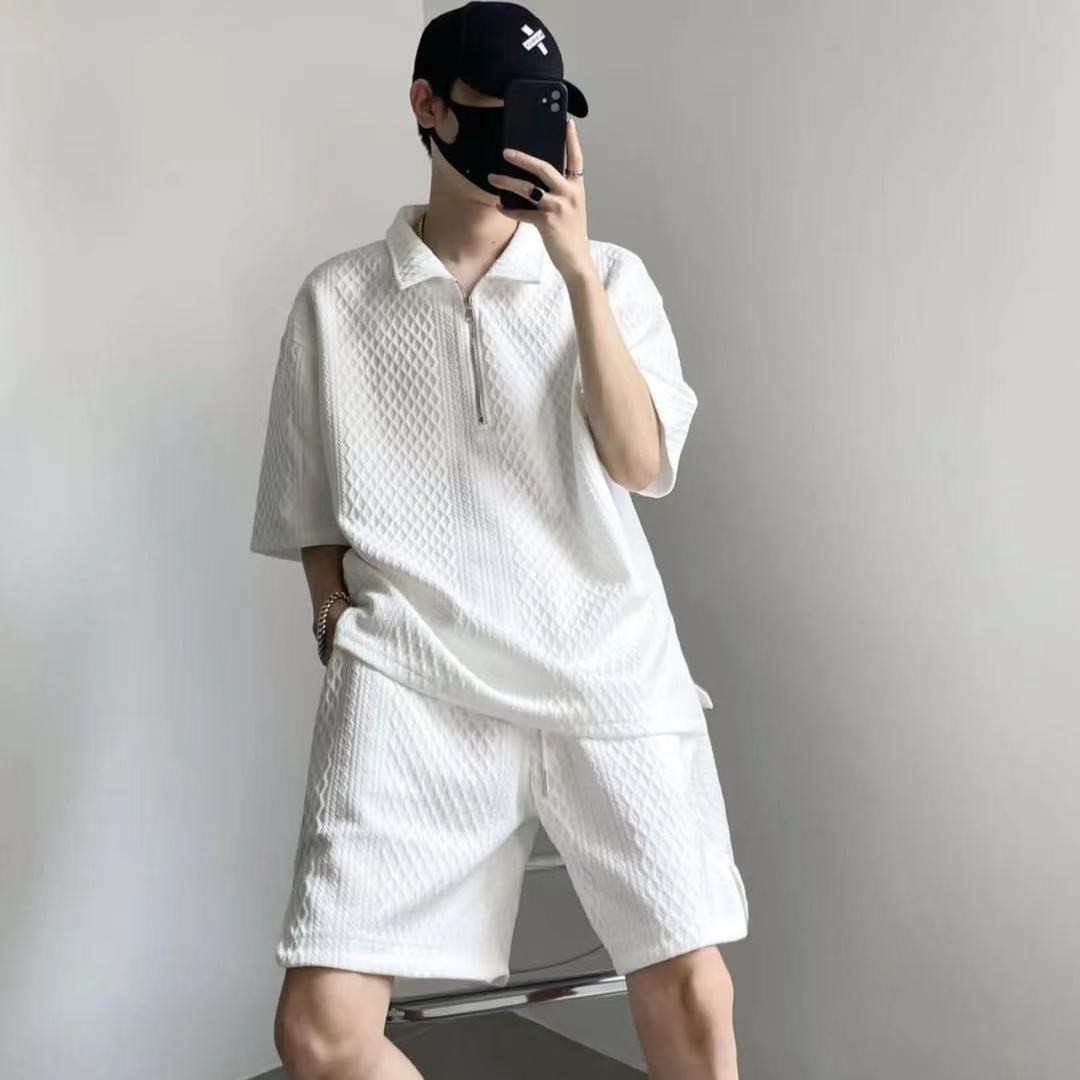 【單件/套裝】高級質感紋理寬鬆翻領短袖+休閒短褲兩件套