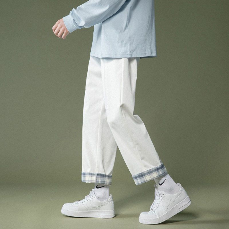 格子翻邊直筒九分褲潮流褲裝