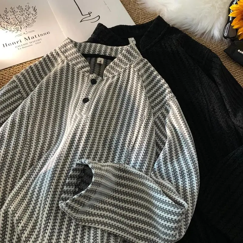 亨利領魚骨紋紐扣黑白條紋拼色打底衫長袖衛衣