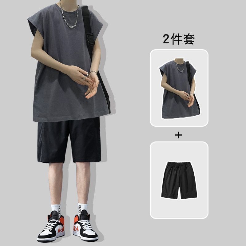 【單件/套裝】寬鬆純色背心無袖T恤+休閒運動短褲兩件套裝