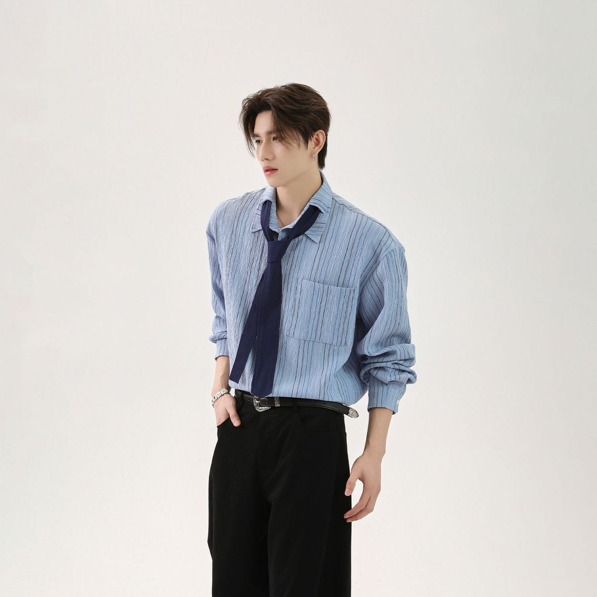 【單件/套裝】美式復古設計感學院風豎紋長袖襯衫+領帶+百搭休閒西裝褲三件套