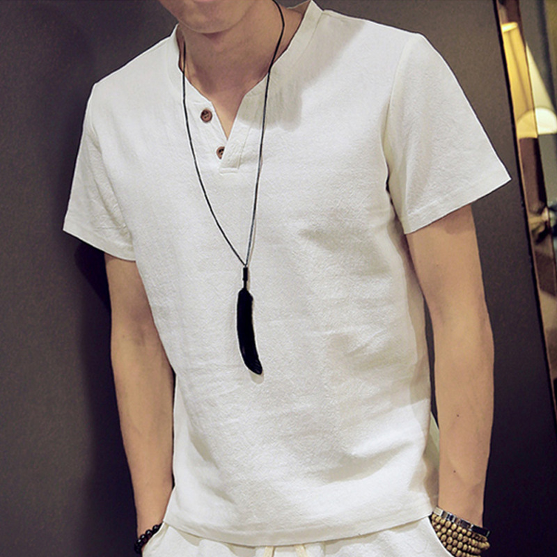 亞麻純色休閒寬鬆中國風復古棉麻v領短袖t恤