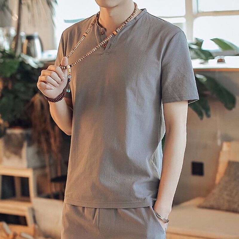 亞麻純色休閒寬鬆中國風復古棉麻v領短袖t恤