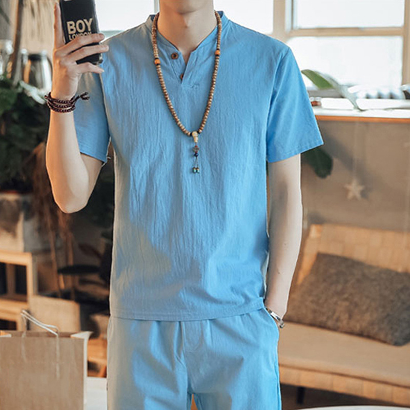 亞麻純色休閒寬鬆中國風復古棉麻v領短袖t恤