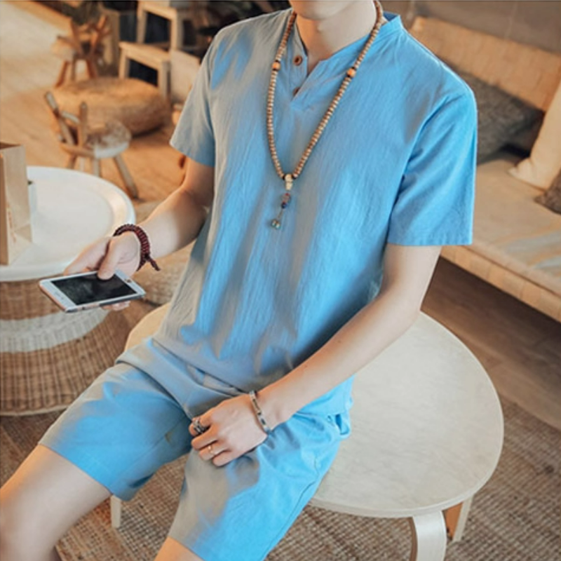 亞麻純色休閒寬鬆中國風復古棉麻v領短袖t恤
