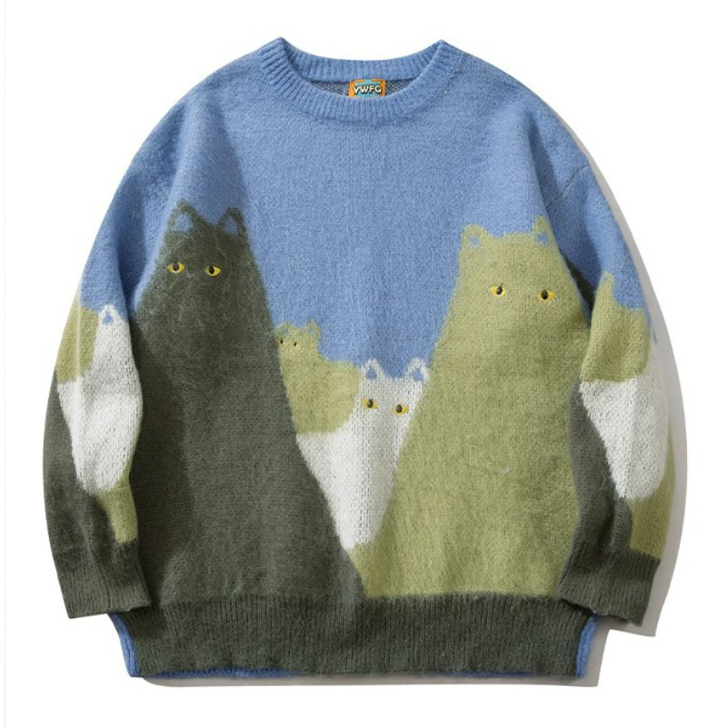 卡通貓咪毛衣提花撞色慵懶風百搭情侶針織衫