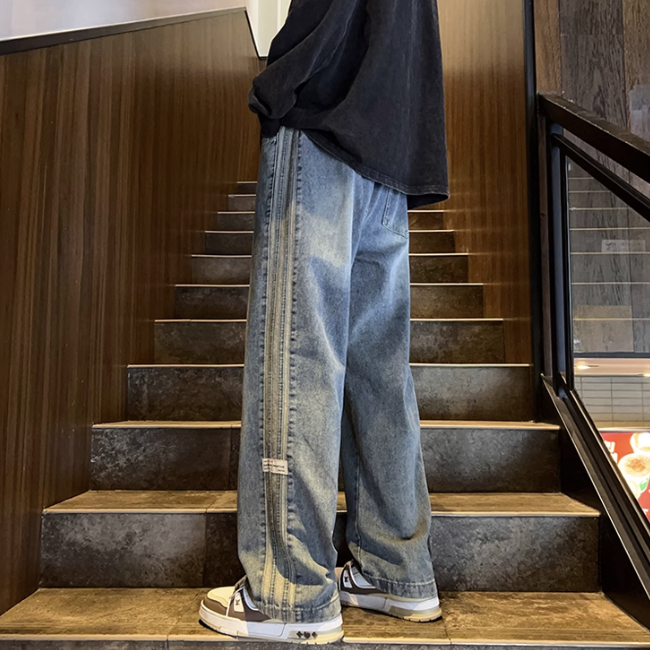 美式百搭休閒直筒側邊條紋牛仔褲裝