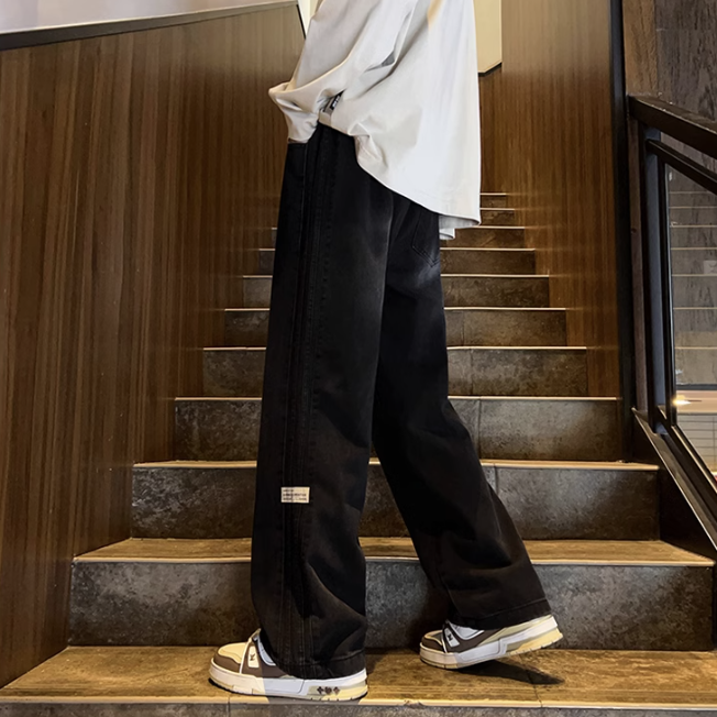 美式百搭休閒直筒側邊條紋牛仔褲裝