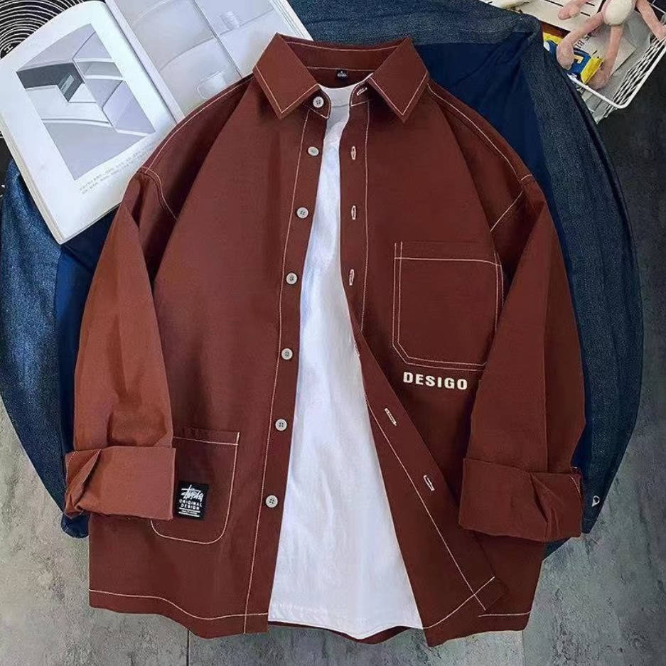 Ins潮流帥氣字母大口袋長袖襯衫