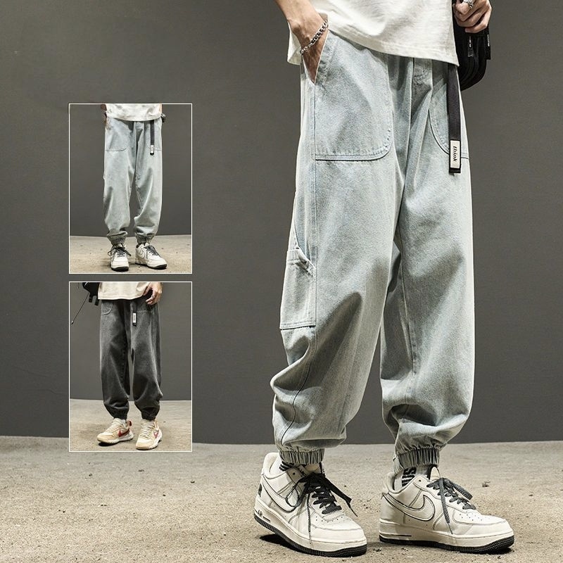 牛仔褲男款束腳工裝褲潮牌男生美式寬鬆直筒休閒夏季薄款褲子