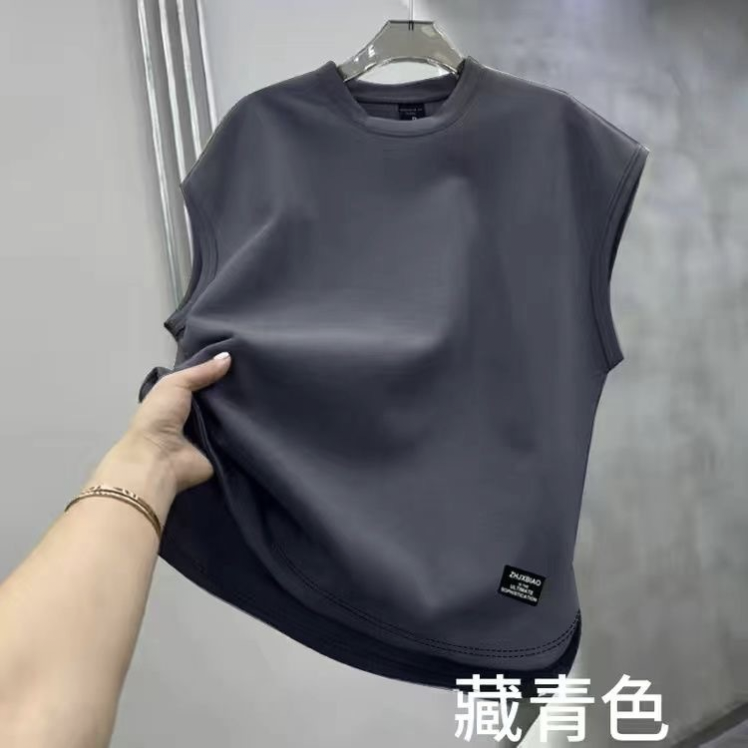 夏季新款背心男透氣寬鬆無袖T恤寬肩上衣美式重磅純色圓領坎肩潮