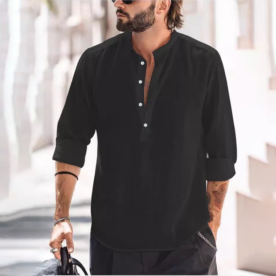 休閒立領門筒純色長袖竹節棉麻襯衫