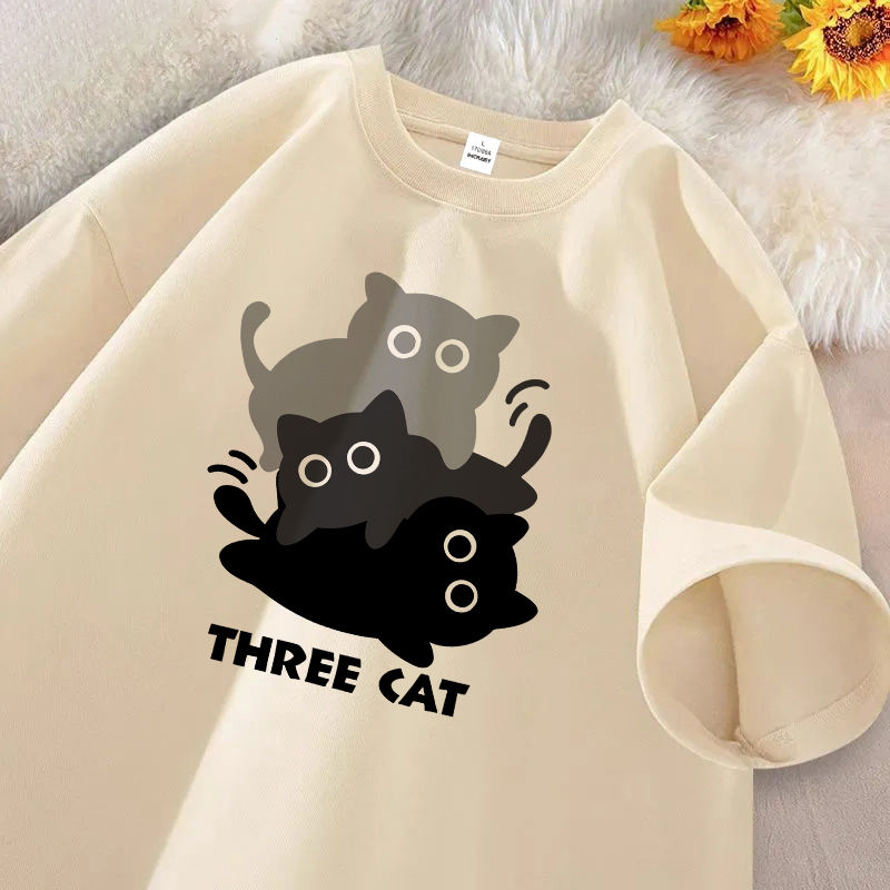 美式純棉貓咪印花簡約百搭寬鬆短袖t恤