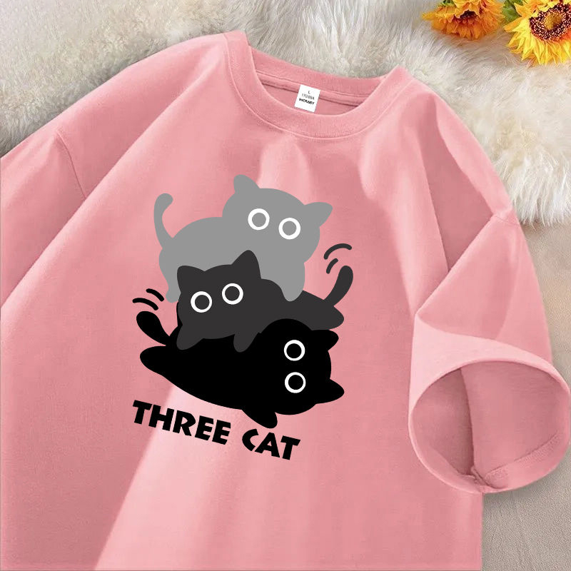 美式純棉貓咪印花簡約百搭寬鬆短袖t恤