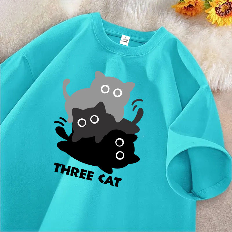 美式純棉貓咪印花簡約百搭寬鬆短袖t恤