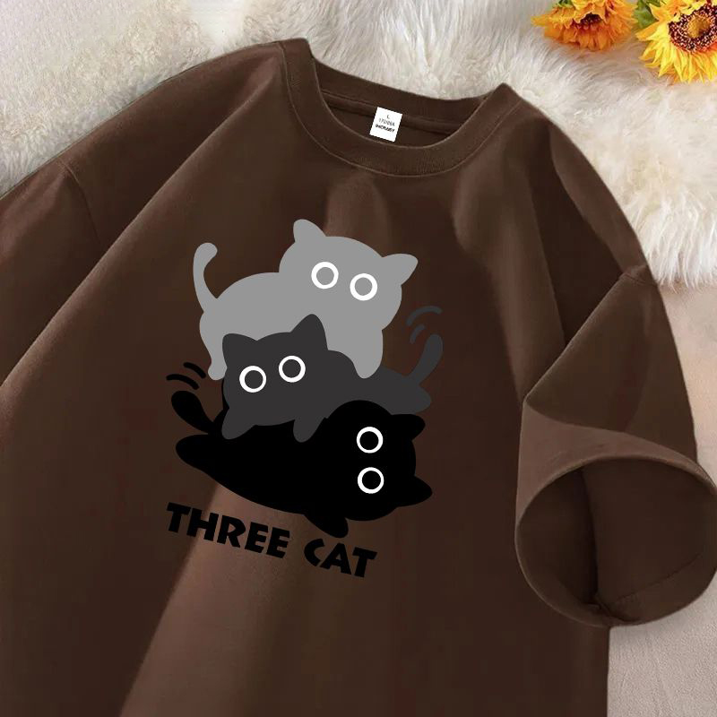 美式純棉貓咪印花簡約百搭寬鬆短袖t恤