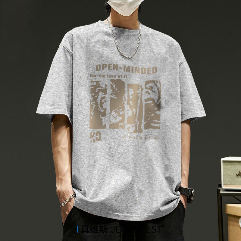 重磅純棉復古圓領印花透氣正肩短袖t恤