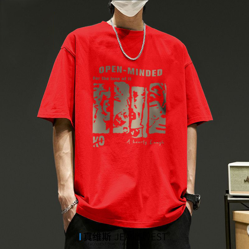 重磅純棉復古圓領印花透氣正肩短袖t恤