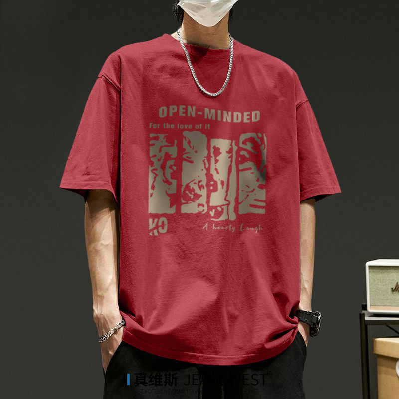 重磅純棉復古圓領印花透氣正肩短袖t恤