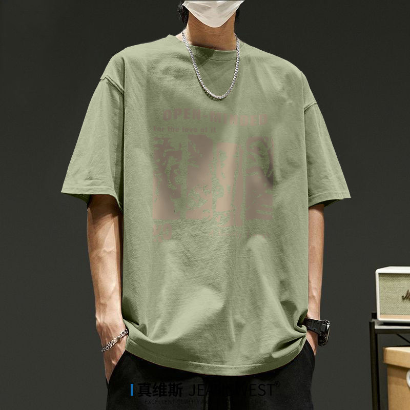 重磅純棉復古圓領印花透氣正肩短袖t恤