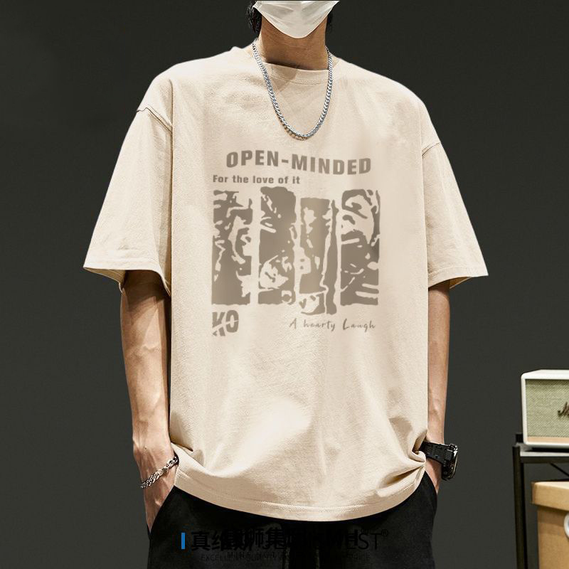 重磅純棉復古圓領印花透氣正肩短袖t恤