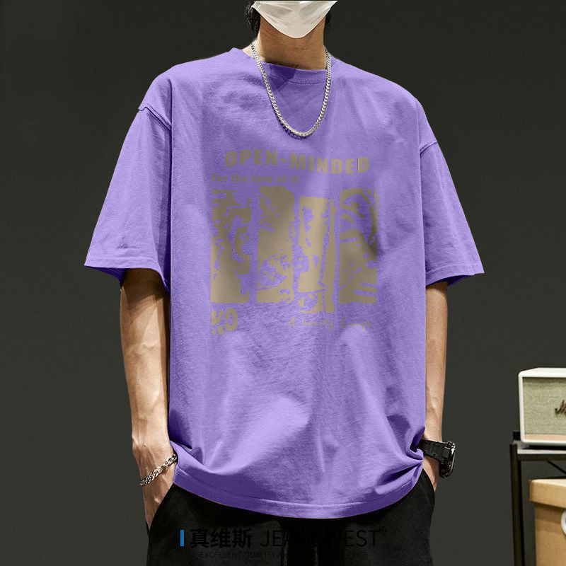 重磅純棉復古圓領印花透氣正肩短袖t恤