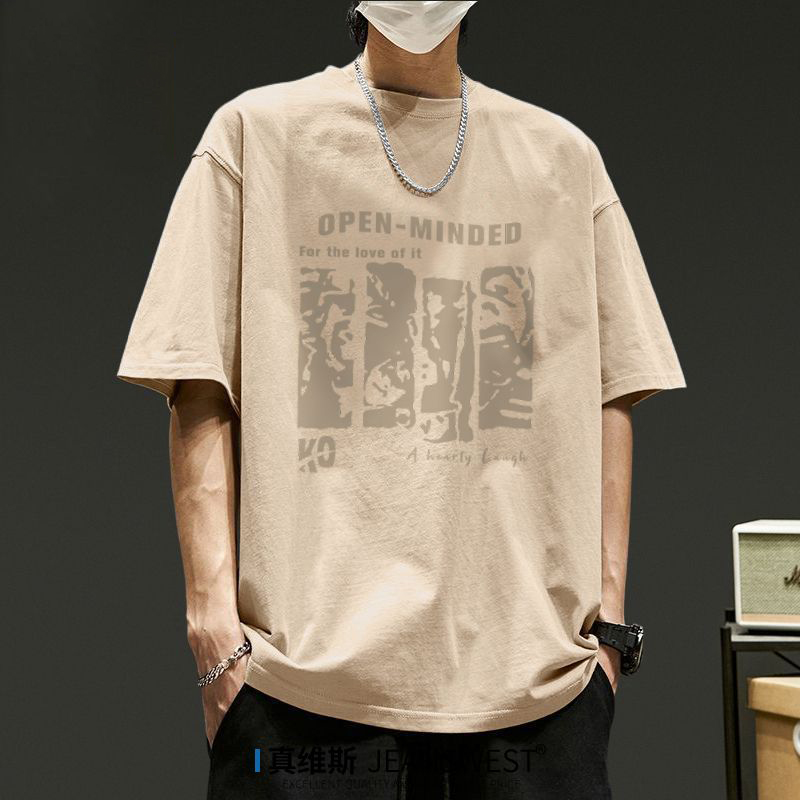 重磅純棉復古圓領印花透氣正肩短袖t恤