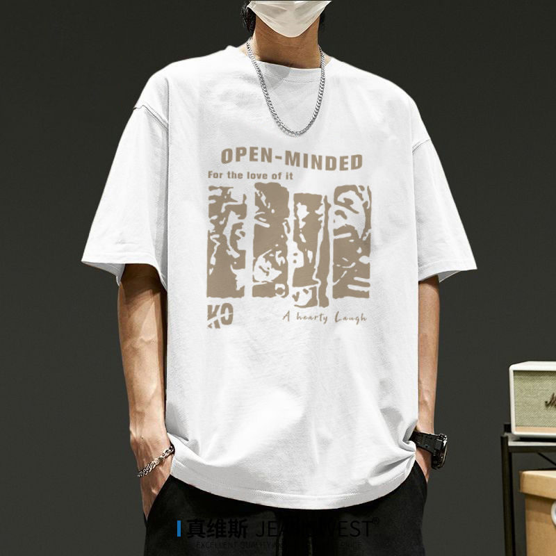 重磅純棉復古圓領印花透氣正肩短袖t恤