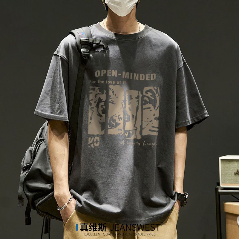 重磅純棉復古圓領印花透氣正肩短袖t恤