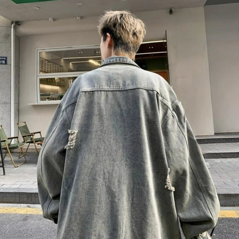 百搭高級感痞帥美式復古工裝夾克破洞牛仔外套