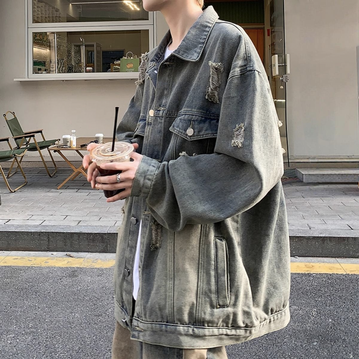 百搭高級感痞帥美式復古工裝夾克破洞牛仔外套