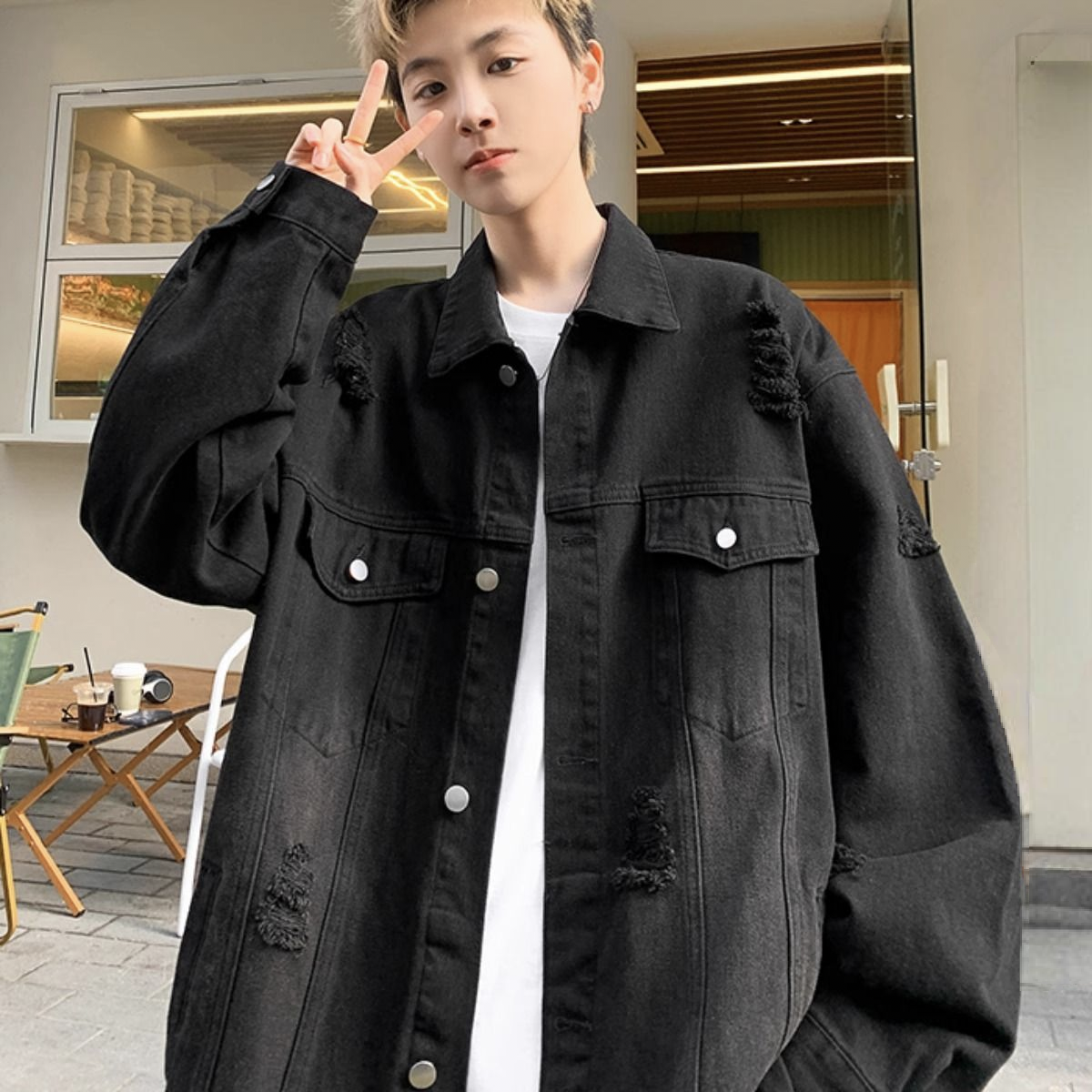 百搭高級感痞帥美式復古工裝夾克破洞牛仔外套