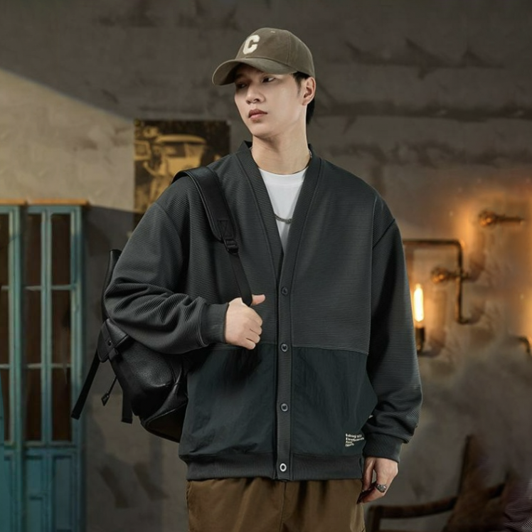 美式復古開衫衛衣長袖休閒時尚無領外套