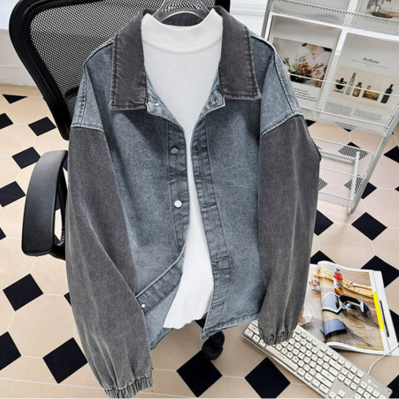 港風復古設計感拼接撞色翻領夾克百搭牛仔外套