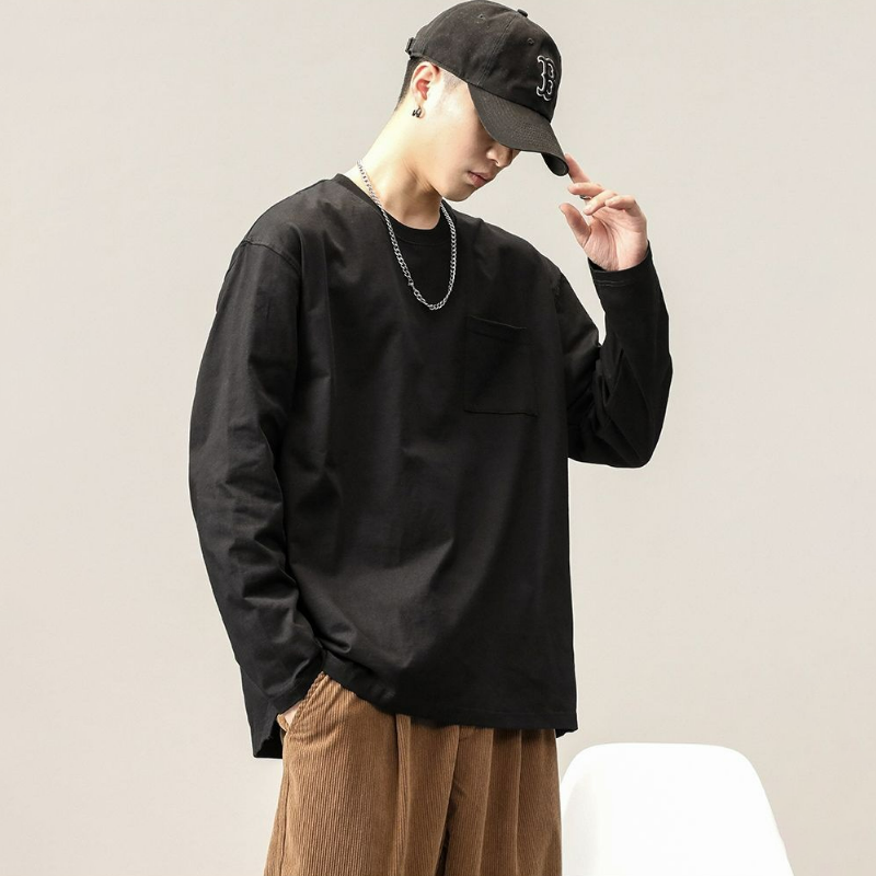 日系簡約寬鬆胸口袋休閒百搭重磅純棉打底衫長袖T恤