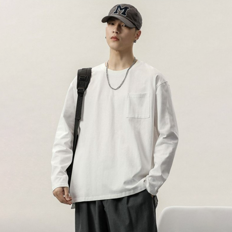 日系簡約寬鬆胸口袋休閒百搭重磅純棉打底衫長袖T恤