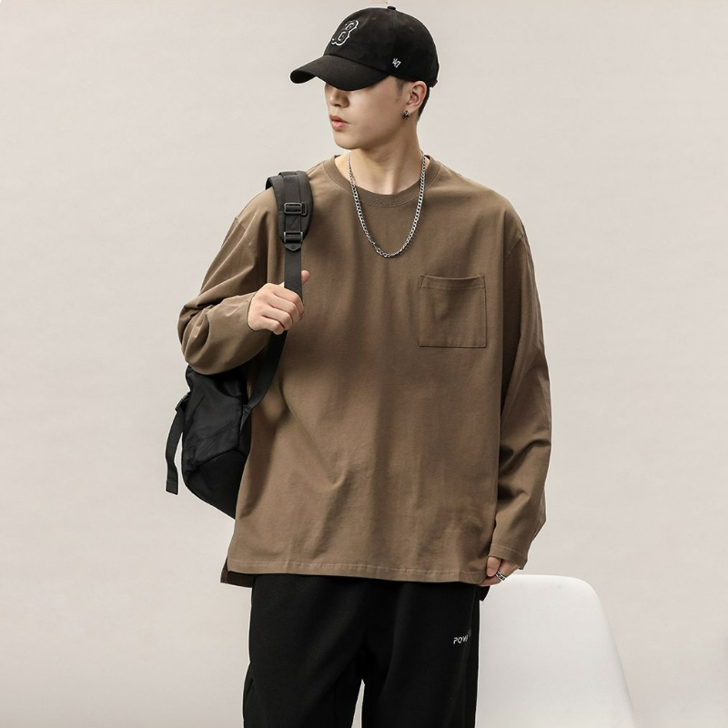 日系簡約寬鬆胸口袋休閒百搭重磅純棉打底衫長袖T恤