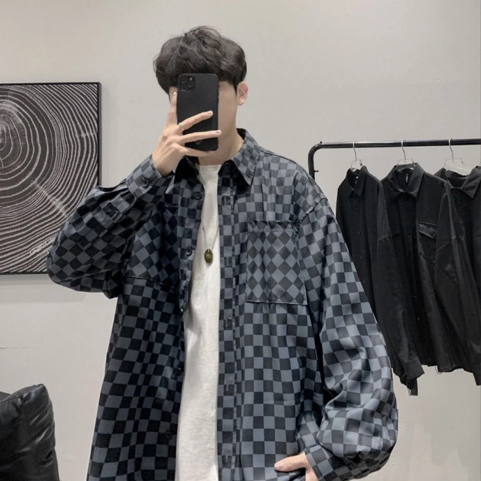【整套】痞帥帥氣棋盤格襯衣外套+白T恤+百搭休閑褲+項鏈+襪子五件套