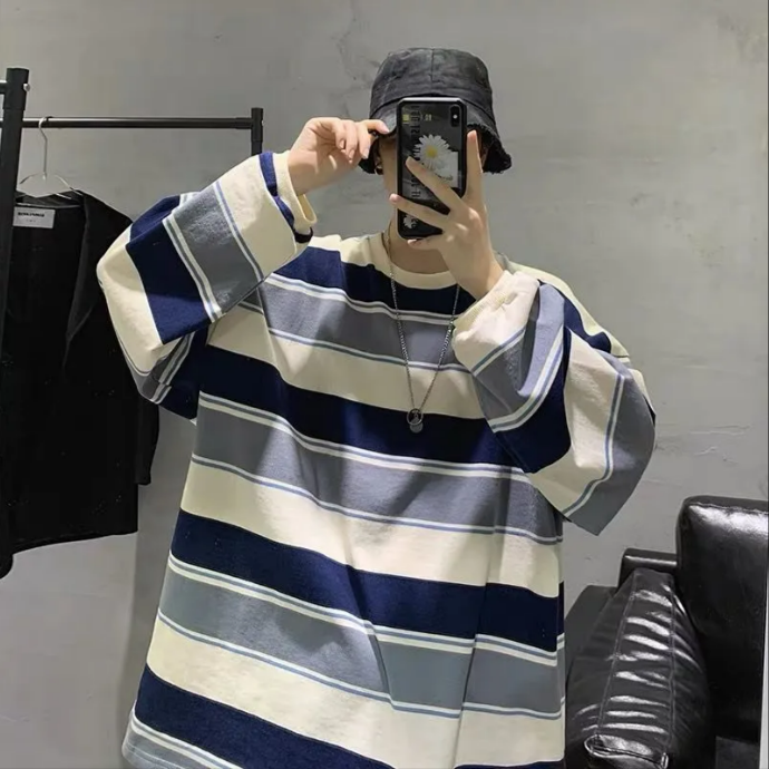 港風條紋衛衣男士潮流韓版寬鬆bf原宿風百搭情侶裝學生長袖T恤