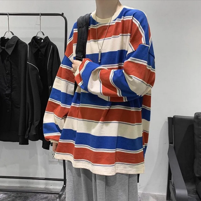 港風條紋衛衣男士潮流韓版寬鬆bf原宿風百搭情侶裝學生長袖T恤