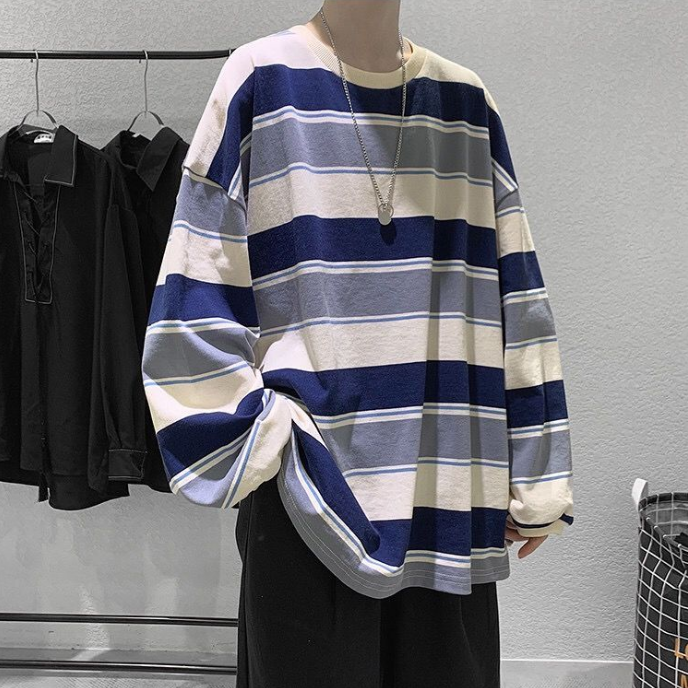 港風條紋衛衣男士潮流韓版寬鬆bf原宿風百搭情侶裝學生長袖T恤