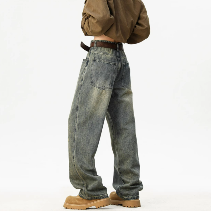 水洗做舊風寬鬆美式復古毛邊直筒闊腿牛仔褲
