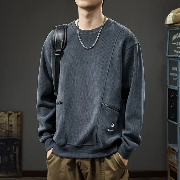 美式工裝拉鍊口袋復古重磅寬鬆圓領長袖T恤