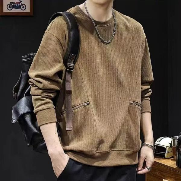 美式工裝拉鍊口袋復古重磅寬鬆圓領長袖T恤