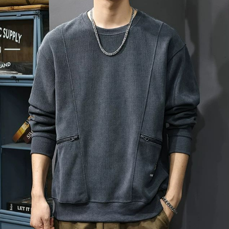 美式工裝拉鍊口袋復古重磅寬鬆圓領長袖T恤